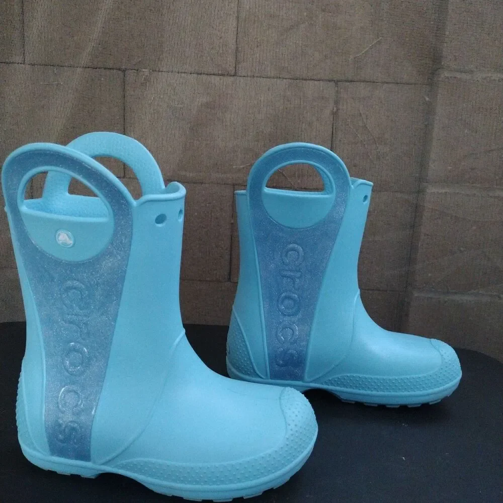 Crocs Handle It Rain Lightweight Boots Kids Size 2 Baby Blue Glitter